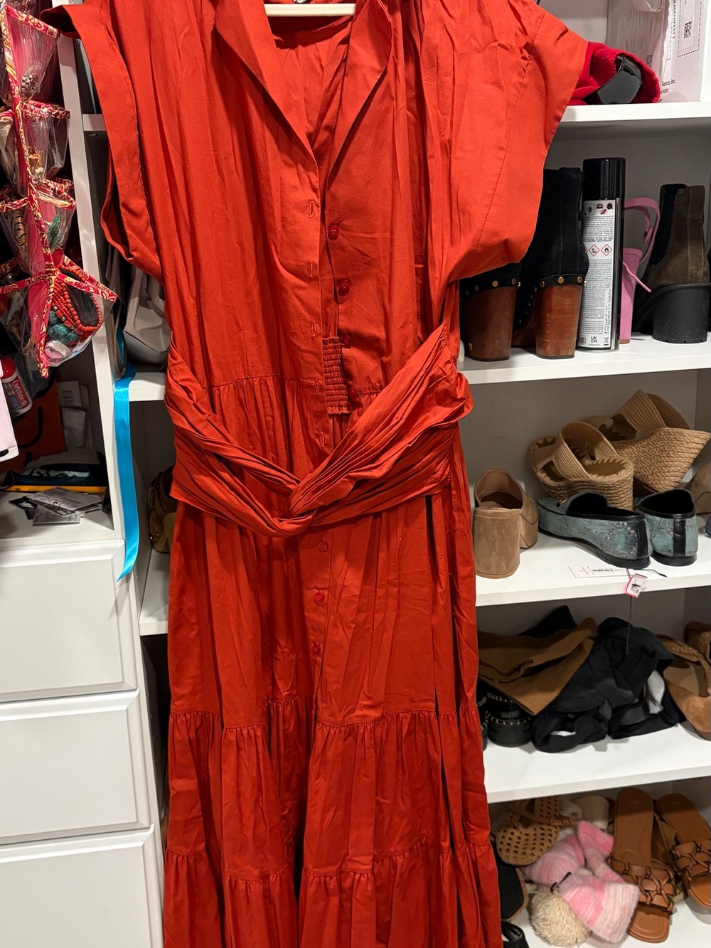 Sleeveless Red Tiered Maxi Dress with Waist Tie